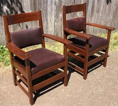 Pair Original Vintage L & J G Stickley Arm Chairs. Four matching side chairs are also available upon request. 